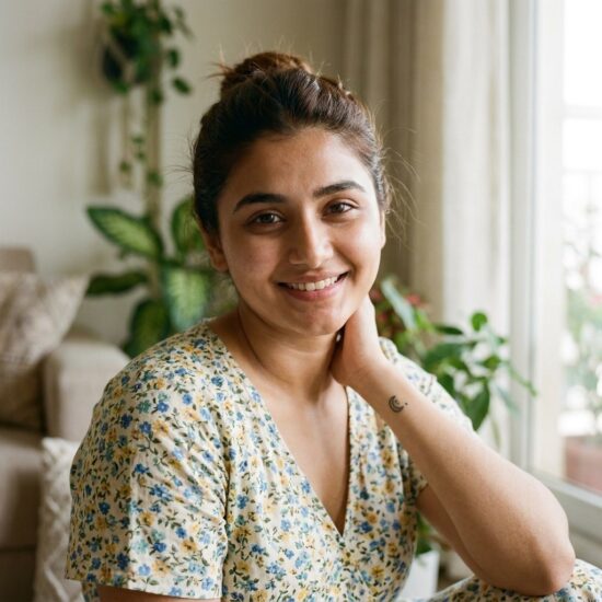 Aaruhi smiling by a window